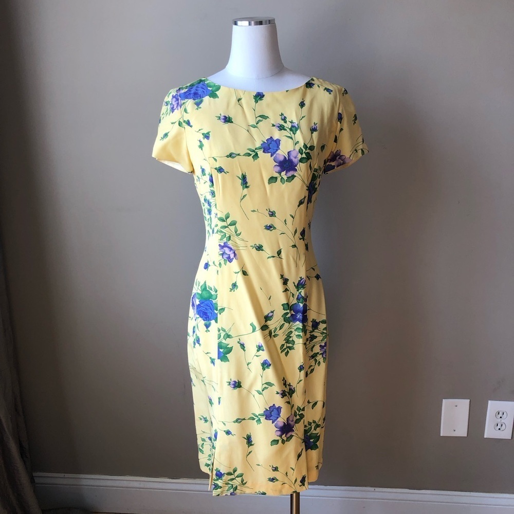 Vintage Yellow Floral Silk Feminine Shift Midi Dress 4